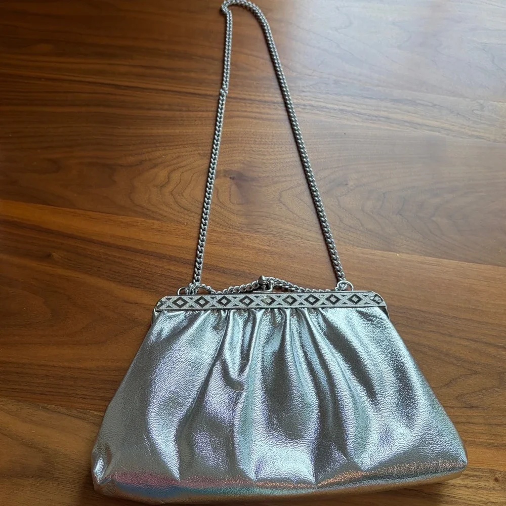 Clutch Bag Womens Small Silver Holographic Metallic Frame Evening Prom